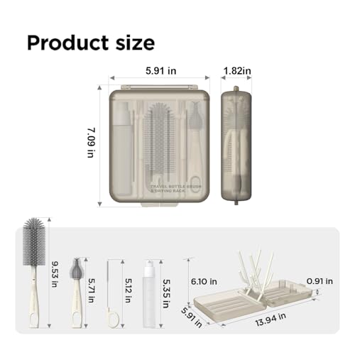 YOTIME Travel Bottle Brush Set, Auto-Open Rack & Vertical Brushs Drying Slots, 3 Brushes, Foldable Drying Rack, Dispenser, Travel Baby Essentials for On-The-Go Parents, Transparent Coffee - color: Transparent Coffee
