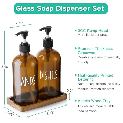 ALELION Amber Dlass Soap Dispenser for Kitchen - 16 OZ Hand and Dish Soap Dispenser Set with Acacia Wood Tray - for Kitchen Decor and Accessories - color: Amber