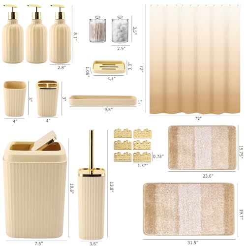 32PCS Bathroom Set Bathroom Sets with Shower Curtain and Rugs Beige Bathroom Accessories,Shower Curtain Set,Bathroom Rug Set with Bathroom Trash Can - size: Bath Set+Gradient Shower Curtain+Bath Rugs, style: Beige