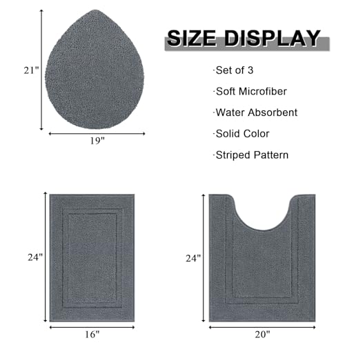 SHACOS Bathroom Rugs Sets 3 Piece with Toilet Lid Cover | 16"x24"Bath Mat and 20"x24" U-Shape Contoured Toilet Mat Machine Washable Shaggy Absorbent Bath Rugs(Dark Grey) - color: Dark Grey, size: 16"x24"+U-Shape 20"x24"+Lid Cover 19"x21"