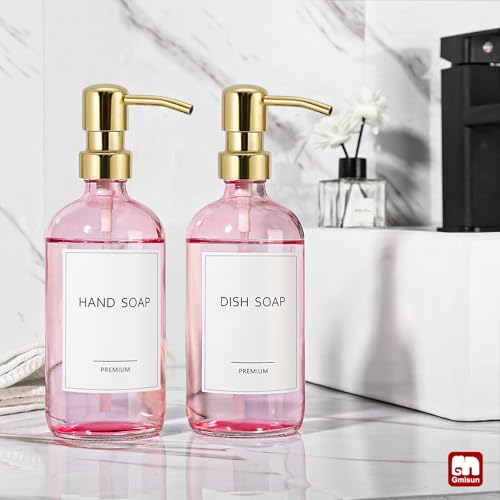 GMISUN Pink Soap Dispenser Bathroom, 2 Pack Kitchen Hand and Dish Soap Dispensers Set, 17 Fl Oz Pink Glass Soap Dispenser with Gold Pump, Refillable Modern Farmhouse Liquid Soap Pump Bottles - color: Pink Bottle + Golden Pump