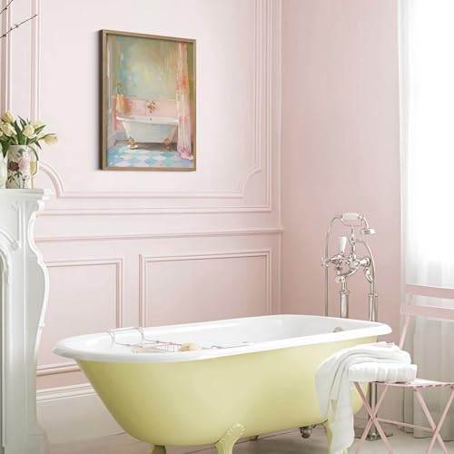 Framed Vintage Bathroom Canvas Wall Art Oil painting style Bathtub Print Poster Picture Home Decor Gallery Style Painting Bathroom Living Room Apartment 12X16 Inch Ready to Hang - color: Pink blue bathroom, size: 16L" x 12W"
