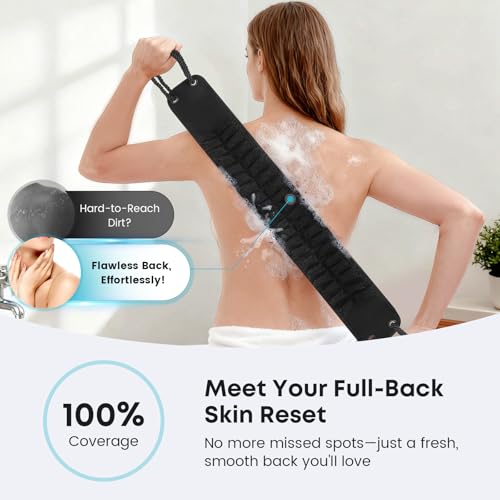 eaxun Back Scrubber with Handles for Shower, 40 Inches Dual-Sided Back Washer with Exfoliating Texture and Loofah for Men, Women and Elderly, Bath Back Exfoliator Body Cleaner for Deep Cleansing - color: Black, size: Medium