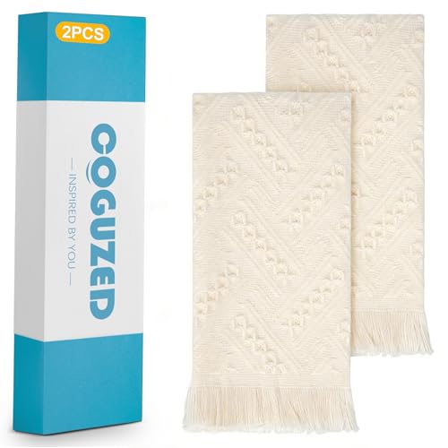 CoguZed 2 Pack Hand Towels for Bathroom 27.5x14 Inch Boho 100% Turkish Cotton Absorbent Soft Decorative Face Towel Set for Guest Bathroom Kitchen Farmhouse Decor Cream White