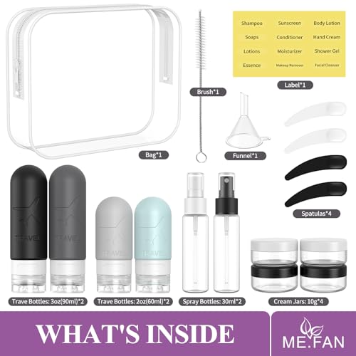 ME.FAN Travel Bottles for Toiletries, 18 Pack TSA Approved Travel Size Containers Set, Silicone Squeezable Portable Split Bottle, Travel Accessories for Conditioner, Shampoo, Lotion - Grey - color: Grey