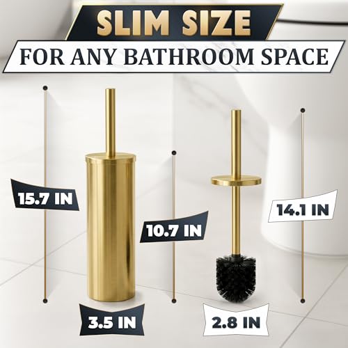 Stainless Steel Toilet Brush and Holder Set, Splash Guard (Gold) | Toilet Bowl Brush and Holder, Removable Inner Bowl, Dense Bristles, Long Handle, Scratch Resistant, for Modern Bathrooms - color: Gold