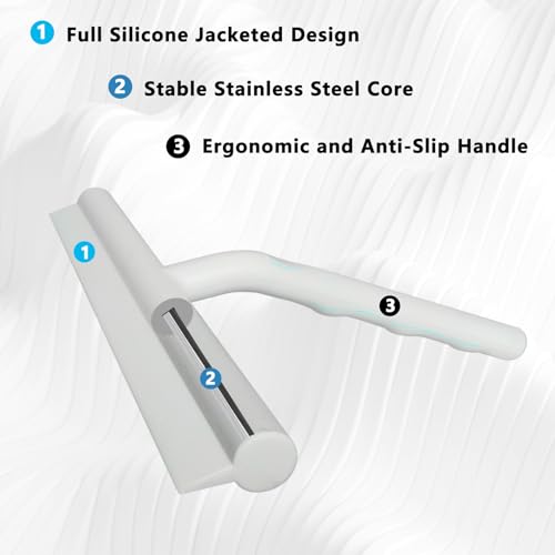 Shower Squeegee for Glass Doors, Full Silicone Jacketed Squeegee with Ergonomic Handle & No-Drill Hook, Cleaning Tool for Windows, Mirrors, Tiles, Bathroom & Car - Grey - color: Gray, size: without loop