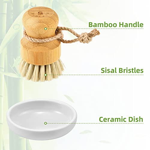 SUBEKYU Bamboo Dish Scrub Brushes, Kitchen Wooden Cleaning Scrubbers Set for Washing Cast Iron Pan/Pot, Natural Sisal Bristles, Set of 2 - color: Ceramics Base + 2p Sisal Brush, size: Regular size