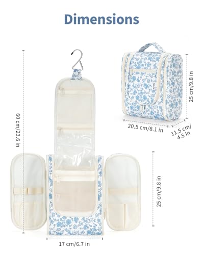 Narwey Hanging Toiletry Bag Women Travel Makeup Bag Organizer Toiletries Bag for Travel Size Essentials Accessories Cosmetics (Medium,Blue Flower) - color: B-Blue Flower, size: Medium