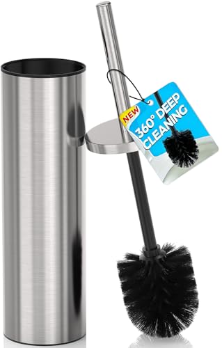 DOWRY Stainless Steel Toilet Bowl Brush and Holder for Bathroom, Deep Cleaning Toilet Brush and Holder Set with Long Handle, Hidden Toilet Bowl Brush with 2 Heads,Modern Decor Nickel Brushed Round - color: Nickel-round-1p, size: Round
