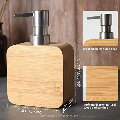 4Pcs Handmade Bamboo Sink & Bathroom Accessories Set Retro Set, Natural, Soap Dish Holder for Shower, Lotion Soap Dispenser, Mouthwash Cup, Rinse Cup, Organiser Tray for Hotel, House, Office