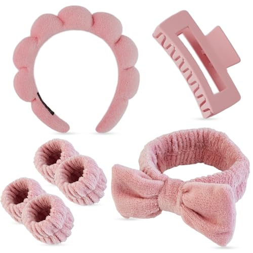 7 Pcs Spa Set, Facial Headband and Wristband Set, Skincare Accessories, College Style Girl Idea Gifts, Hair Accessories for Women and Girls（ Coral Pink） - color: Coral Pink