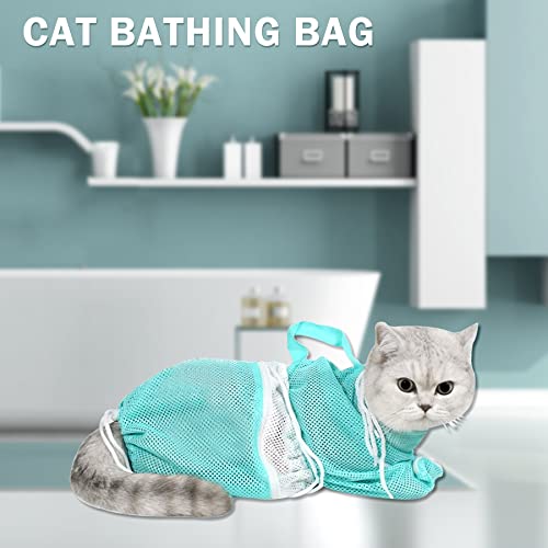 JULMELON 10 PCS Cat Washing Bag for Bath Shower Adjustable Net Grooming Set | Pet Brush Nail Clipper File, Hair Combs Tick Tool, Nail Caps, Bathing Trimming Examination, Grey and Green - color: Grey+Green
