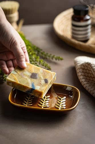 Miamolo Soap Dish for Shower, Ceramic Soap Holder Soap Dishes for Large Bar Soap Sponge, Decorative Soap Saver Tray for Bathroom Kitchen Sink Bathtub, Pro-Environment, Extend Soap Life, Dark Brown - color: Dark Brown, size: Leaf Design