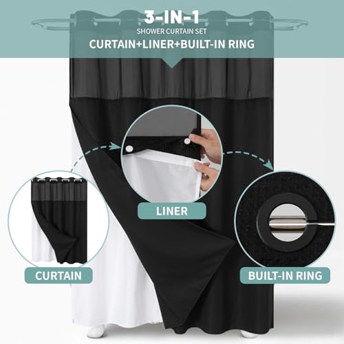 eachope Black No Hook Waffle Weave Shower Curtain with snap-in Liner Replacement, 230GSM Waterproof Fabric Hotel Shower Curtain Set for Bathroom, Through Mesh Top Window,71Wx77H - color: Black, size: 71"W x 77"L (Pack of 1)