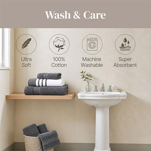 Modern Threads 6-Piece Towel Set – 100% Cotton, Quick Dry, Ultra Absorbent – Includes 2 Bath, 2 Hand, 2 Washcloths (White/Reinhart Charcoal) - color: Grey, style: Classic Stripe