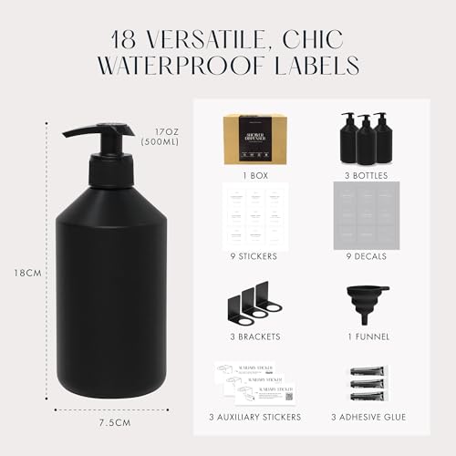 No Drill Wall Mount Shampoo and Conditioner Dispenser for Shower Gel Body Wash Soap Bottle Container Pump Black Refillable 3 Chamber Bottles, Bathroom Shampoo Dispenser for Shower Set Wall Mounted - color: Sophisticated Black
