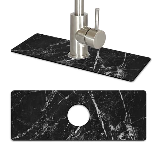 WIRESTER Super Absorbent, Fast Drying Kitchen Sink Splash Guard Faucet Mat, Sink Mat Behind Faucet Drip Catcher, Sink Gadget for Kitchen, Bathroom (15 x 5.5 Inch) - Cloudy Black Marble - color: Cloudy Black Marble