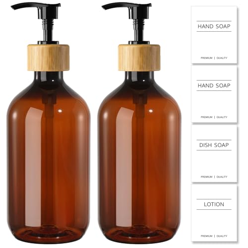 KASUNTING Amber Soap Dispenser Plastic, Brown Dish Soap Dispenser with Bamboo Pump for Kitchen,17 Fl Oz Hand and Dish Dispenser Set for Bathroom, Farmhouse Liquid Soap and Lotion Dispensers Bottle - color: Amber, size: 2 Bottles