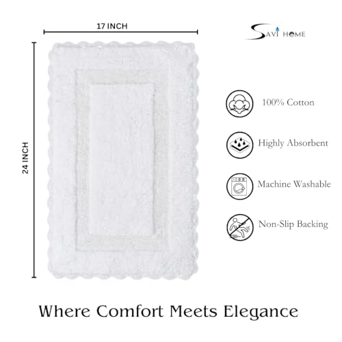 Savi Home 100% Cotton Crochet Bathmat 17x24 White – Super Soft, Plush & Absorbent, Hand-Tufted, Reversible, Heavyweight Rug with Anti-Skid Backing – Bathroom Floor Mat - color: White, size: 1'9" x 2' (Rectangular)