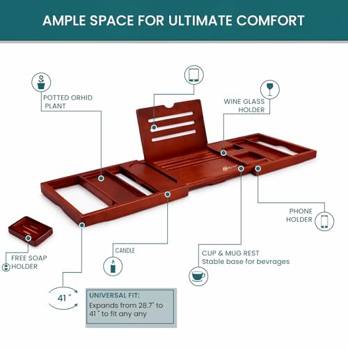 Bathtub Tray & Bath Tray for Tub – Expandable Bamboo Bath tub Tray, Bathtub Caddy, Adjustable Foldable Waterproof Bath Trays for tub with Phone, Wine Glass, Book & Tab Holder (Free Soap Dish)