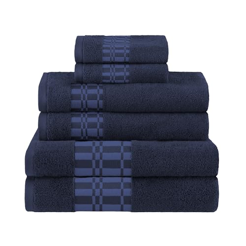 Superior 6-Piece Cotton Towel Set, Geometric Design, Dobby Border, Plush Quick Dry Towels, Decorative Bathroom, Spa, Includes 2 Bath, 2 Hand, 2 Face Towels/ Washcloth, Larissa Collection, Navy Blue - color: Navy Blue, size: 6 Piece Towel Set