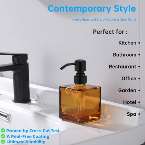 Square Bathroom Soap Dispenser Amber Bottle with Black Pump, Retangle Cube 8.4 oz Glass Bottles with Stainless Steel Pump Hand Liquid Soap Dispenser Kitchen - color: Amber and Black, size: 8.4oz-Square