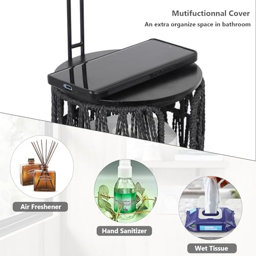 Black Freestanding Toilet Paper Holder with Storage,3 Rolls of Tissue Holder for Bathroom,Handmade Woven Toilet Paper Roll Holder Stand,Rattan Sturdy Boho Bathroom - color: Black