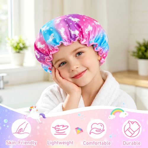 Olypegic Kids Shower Cap, 3 Pcs Girls Shower Cap for Kids Reusable Waterproof Adjustable Large Hair Cap Unicorn Mermaid Rainbow Cute Hair Cover Hat - color: Rainbow