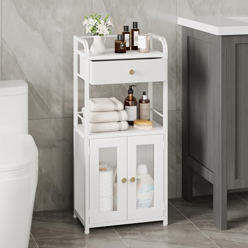 SWTYMIKI 14.57"x32.28" Bathroom Storage Cabinet – Freestanding Toilet Paper Storage with Doors & Drawer, Bathroom Organizers and Storage for Small Spaces, Laundry Room, Ideal for Towels, White - color: White