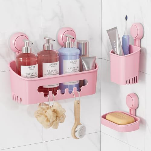 LEVERLOC Shower Caddy Suction Cup Set Shower Organizer & Soap Holder & Toothbrush Holder, Bathroom Shelf Basket NO-Drilling, Removable Suction Storage Waterproof Bathroom Caddy, Pink - color: 3 X Pink