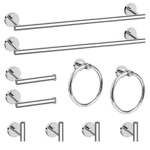 Cilee 10 Piece Chrome Bathroom Accessories Set, 24inch Polished Chrome Towel Bar Ring+Toilet Paper Holder+ Robe Towel Hook SUS304 Stainless Steel Bathroon Hardware Set - color: B Chrome, size: 24inch