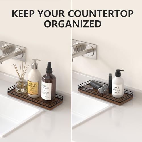 Bathroom Tray for Counter Top Organizer, Oak Wood Vanity Tray | Metal Frame for Dresser, Kitchen & Nightstand, Black & Brown Decorative Storage - color: Black & Brown, size: 11" x 4.5" x 1.5"