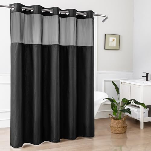 Mrs Awesome No Hook Shower Curtain with Snap-in Liner Less Time On/Off, Embossed Waffle-Look Textured Fabric Shower Curtain for Bathroom, Soft & Lightweight, 71x74, Black - color: Black, size: 71"W x 74"L (Pack of 1)