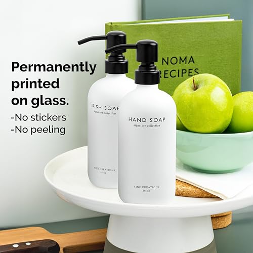 Vine Creations White Glass Soap Dispenser Set, Dish Soap and Hand Soap Dispenser Set with Stainless Steel Pump, 16 oz Glass Dispensers for Kitchen or Bathroom Decor (Matte White Bottle/Matte Black) - color: White Bottle / Matte Black Pump