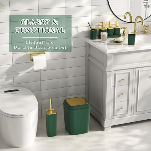 Bathroom Set - 11PC Bathroom Accessory Set, Bathroom Accessories Set, Green Bathroom Set, Push-lid Trash Can, 3PC Soap Dispensers, Toilet Brush & Q-tip Holders - color: Dark Green & Gold, size: Bath Set