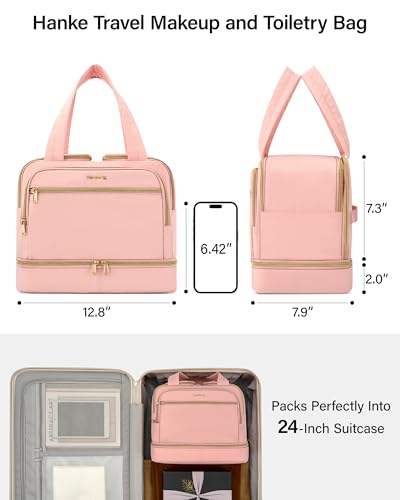 Hanke Travel Toiletry Bag, Lightweight Wide-open Large Toiletry Bags for Women, Dual-Layer Makeup Bag Water-Resistant Cosmetic Travel Bag with Handle for Accessories, Essentials, Pink - color: Pink