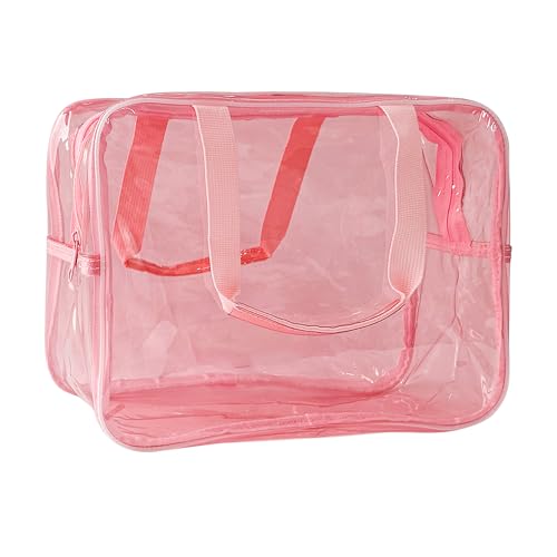 Pink PVC Clear Pure Color Transparent Large Zipper Cosmetic Pouch Travel Makeup Cosmetic Bag with Handle for Travel Bathroom Toiletry Organizer (Light Pink) - color: Light Pink