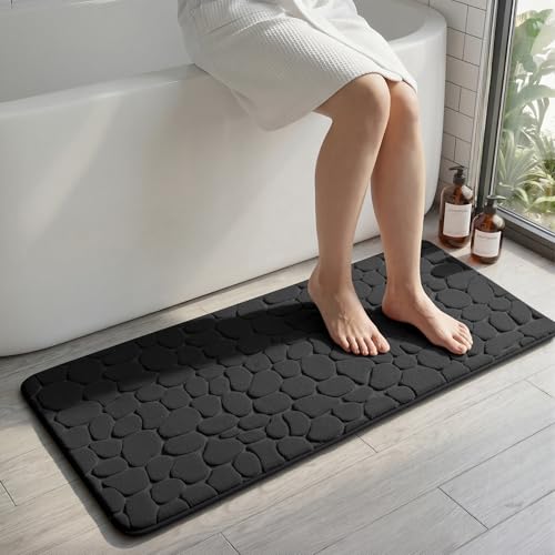 YIHOUSE Memory Foam Runner Rug, Cobblestone Bathroom Runner Rugs Super Water Absorbent Bath Mats for Bathroom Machine Washable Bath Rugs for Hallway Bedroom Laundry Room(20 x 47,Black) - color: Black Single, size: 1'8" x 3'11" (Rectangular)