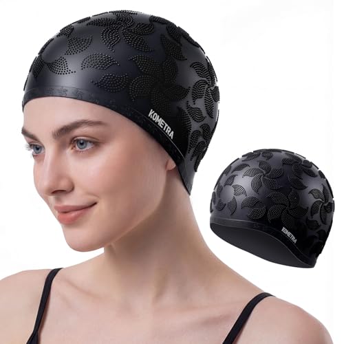 Women Swim Cap 2 Pack for Long Hair, Silicone Flower Adult Swimming Caps Waterproof for Girl Youth No Wet Hair - color: Black & Black