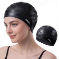 Women Swim Cap 2 Pack for Long Hair, Silicone Flower Adult Swimming Caps Waterproof for Girl Youth No Wet Hair - color: Black & Black