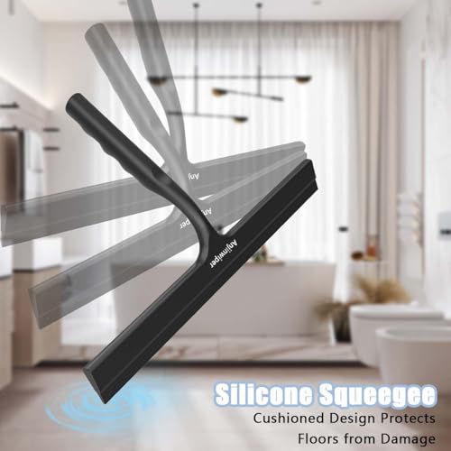 Shower Squeegee for Glass Doors, 10 in Bathroom Squeegee with Adhesive Hook | Ergonomic Glass Squeegee for Tile Shower Walls, Floor, Window, Car Cleaning - Streak-Free & No-Squeak, Silicone Squeegee Tool - color: Matte Black