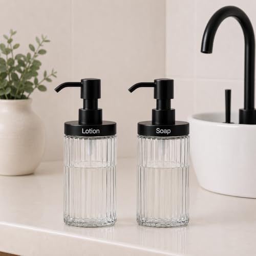 2 Pack Ribbed Clear Glass Soap Dispenser Set, 14.3 OZ Wide Mouth Refillable Hand & Dish Soap Dispensers with Matte Black ABS Pump, 4 Waterproof Labels, Bathroom Countertop & Kitchen Sink - color: Clear-glass