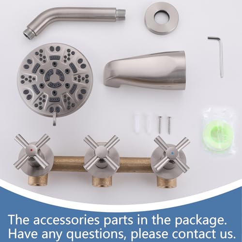 3 Handles Shower Faucet Set with Tub Spout Bathtub Shower Faucets Combo Set Shower System Complete Tub and Shower Trim Kit Shower Fixtures Brushed Nickel - color: Brushed Nickel, style: 3 Handles