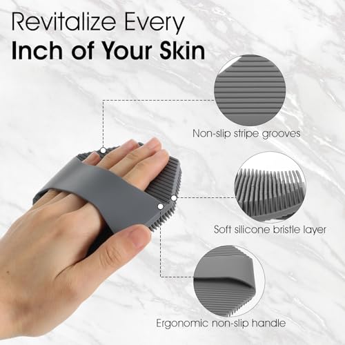 Ouligay 2 Pack Silicone Body Scrubber Exfoliator Shower Scrubber for Sensitive Skin Cleaning Silicone Loofah with Ergonomic Anti Slippery Handle Travel Friendly for Men & Women