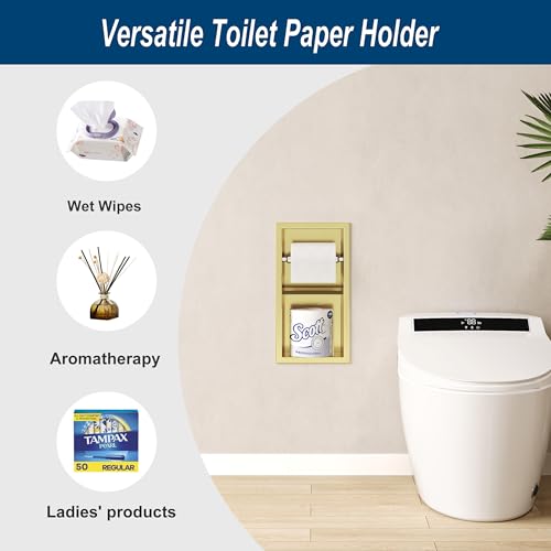 Neodrain Gold Tissue Holder, Contemporary Hotel Style in Wall Toilet Paper Holder, Stainless Steel Recessed Tissue Paper Roll Holder, Double roll(Gold) - color: Gold, size: 6X12In