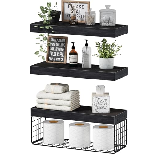 QEEIG Bathroom Shelves Over Toilet - Wall Mounted Floating Shelves Toilet Paper Storage Small Farmhouse Decor Shelf 16 inch Set of 3, Black (019-B3) - color: B. Black, size: 3pcs