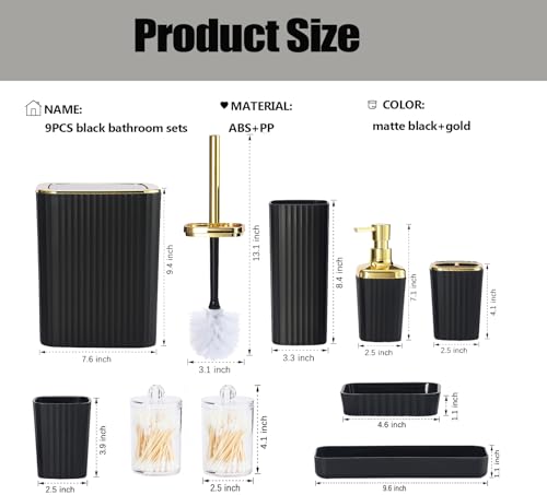 Bathroom Accessory Set,9 Pieces Black Bathroom Accessory Set with Toothbrush Holder, Trash Can, Lotion Soap Dispenser, Toothbrush Cup, Vanity Tray, Soap Dish, Toilet Brush, Qtip Holder - color: Black