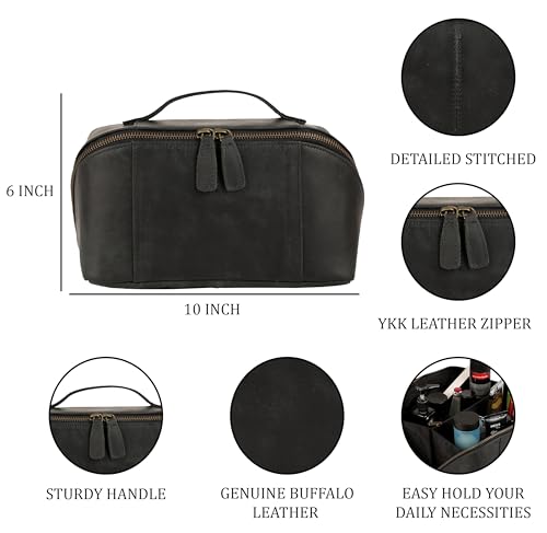 KomalC Luxury Leather Men’s Toiletry Travel Bag – Handmade Shaving Kit with Waterproof Interior, Spacious Storage & Carry Handle – leather travel Kit Bag for Men & Women (Black) - color: Black