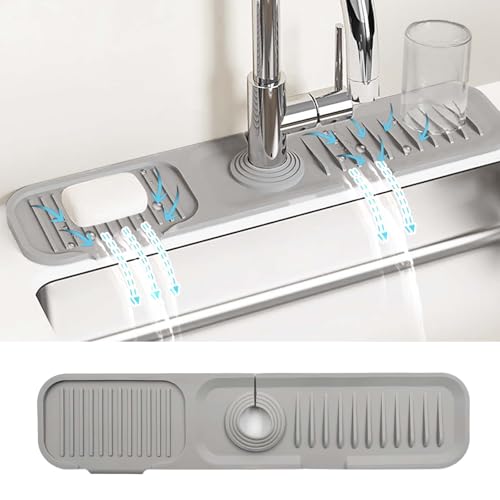 Daily Treasures 45 x 10 cm Splash Sink Guard,Narrow Rim Design Silicone Faucet Mat for Kitchen,5°Slope Water Catcher Mat,Tidy Mat for Kitchen Sink Bathroom Counter Sink Accessories(Grey)